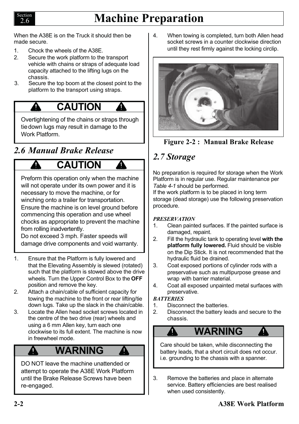Machine preparation, Warning, Caution | 7 storage, 6 manual brake release | Snorkel A38E-sn004500+ User Manual | Page 16 / 132