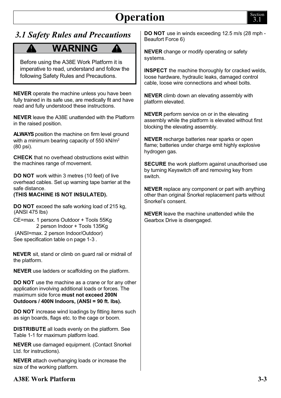 Operation, Warning, 1 safety rules and precautions | Snorkel A38E-sn004500+ User Manual | Page 21 / 132