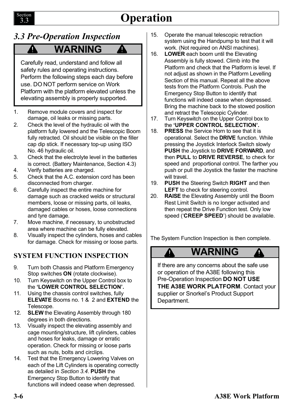 Operation, Warning, 3 pre-operation inspection | Snorkel A38E-sn004500+ User Manual | Page 24 / 132