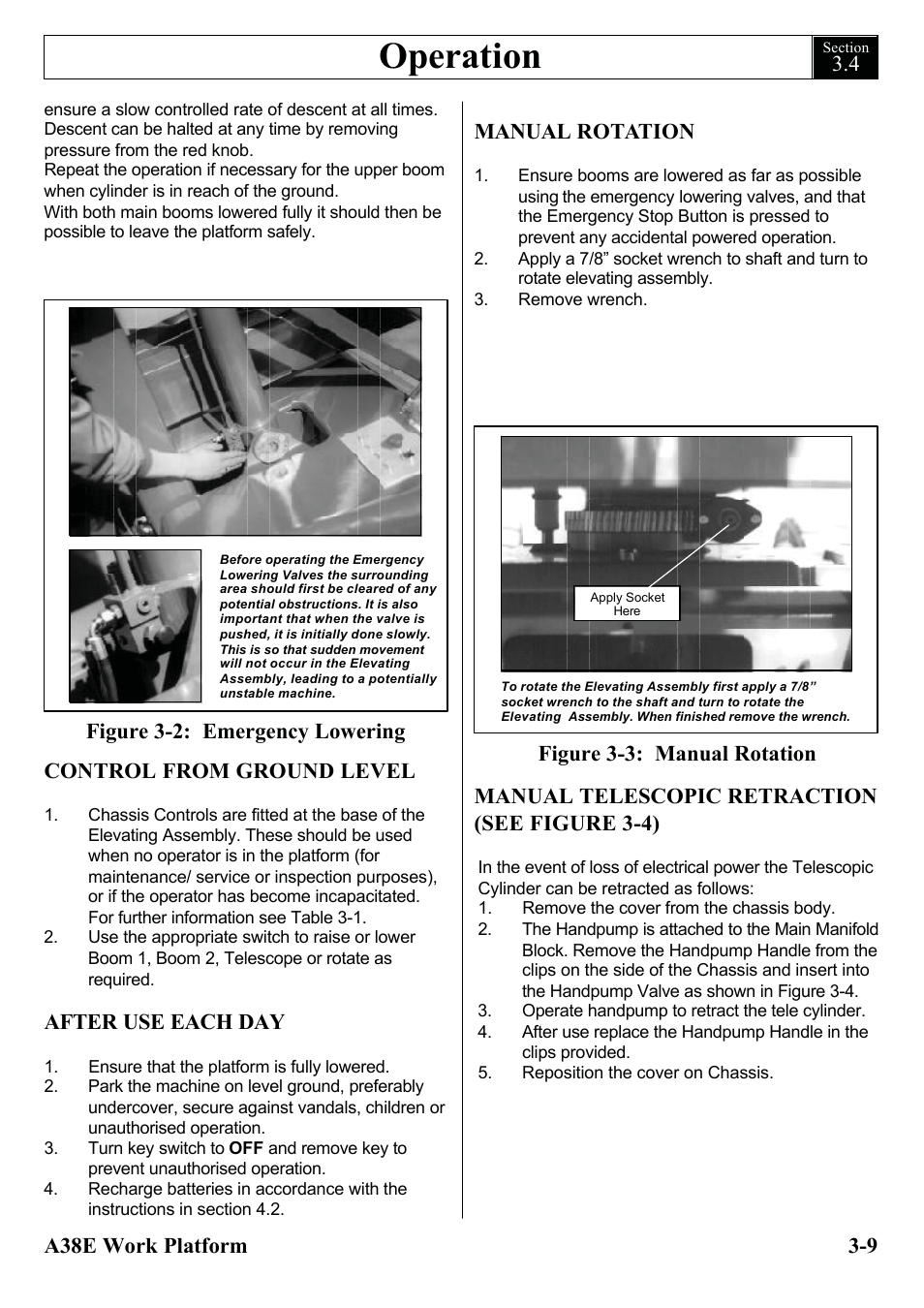 Operation, Control from ground level, After use each day | Figure 3-3: manual rotation, Manual rotation, Manual telescopic retraction (see figure 3-4) | Snorkel A38E-sn004500+ User Manual | Page 27 / 132