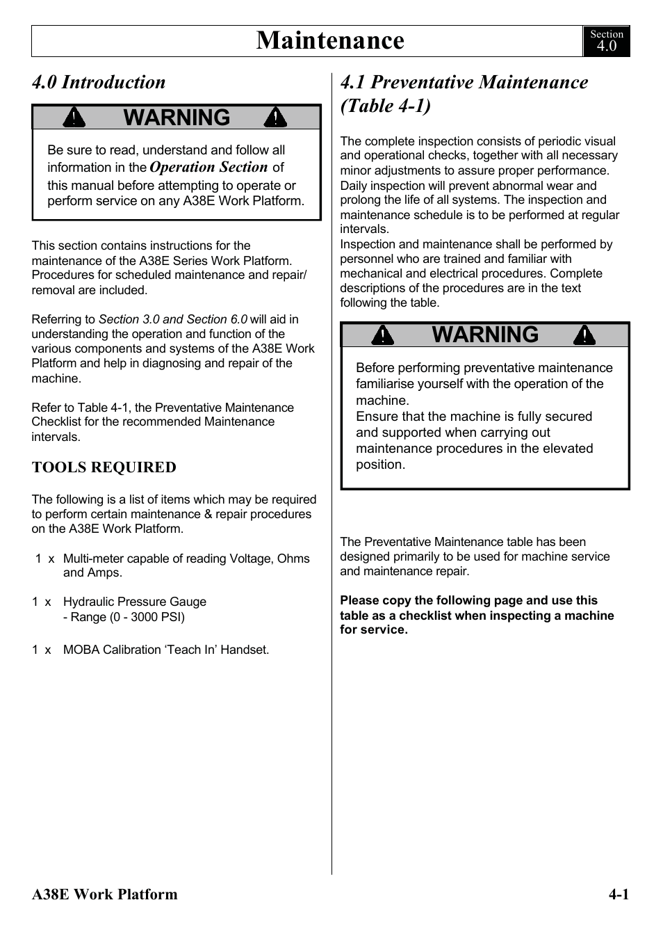 Maintenance, Warning, 0 introduction | 1 preventative maintenance (table 4-1) | Snorkel A38E-sn004500+ User Manual | Page 31 / 132