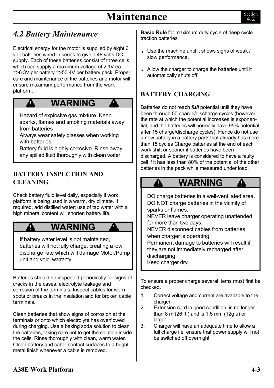 Maintenance, Warning, 2 battery maintenance | Snorkel A38E-sn004500+ User Manual | Page 33 / 132
