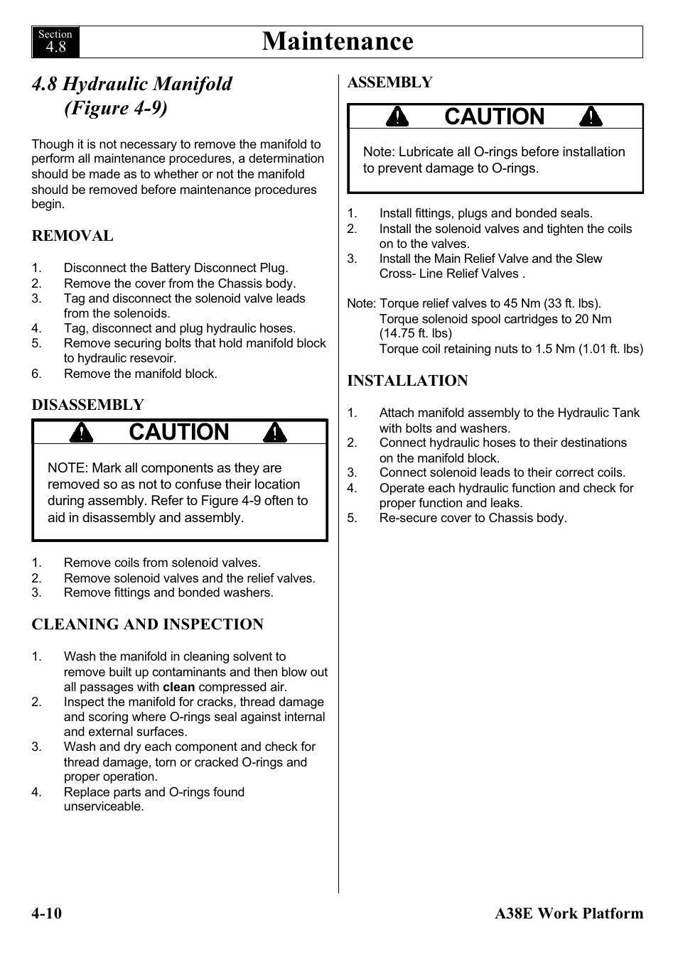 Maintenance, Caution, 8 hydraulic manifold (figure 4-9) | Snorkel A38E-sn004500+ User Manual | Page 40 / 132