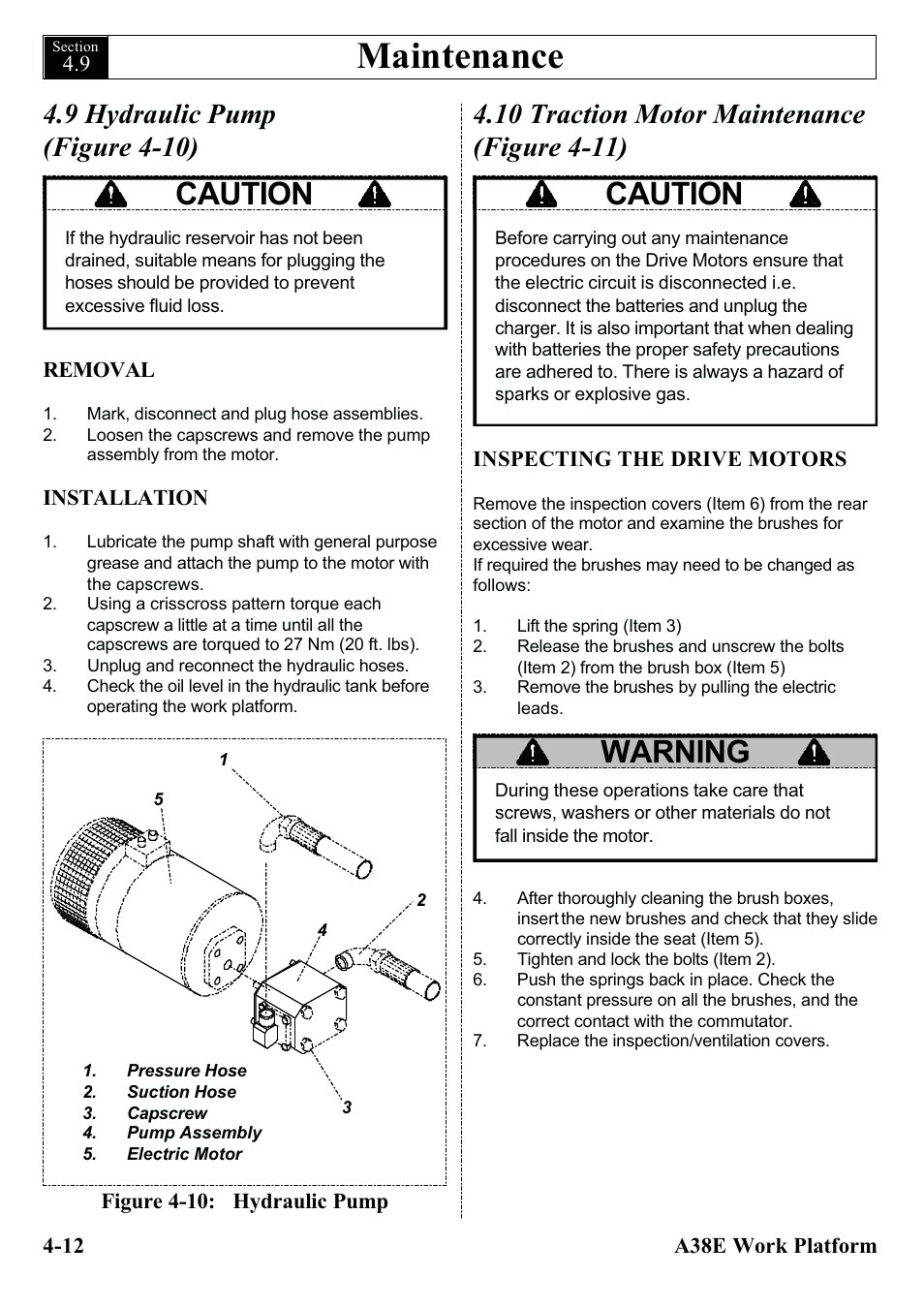 Maintenance, Caution, Caution warning | 9 hydraulic pump (figure 4-10) | Snorkel A38E-sn004500+ User Manual | Page 42 / 132