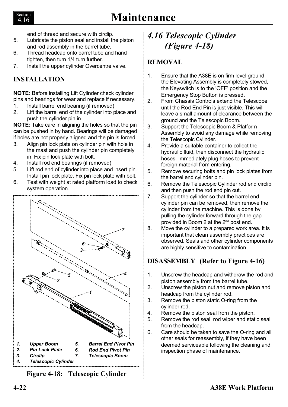 Maintenance, 22 a38e work platform, Removal | Disassembly (refer to figure 4-16), Installation | Snorkel A38E-sn004500+ User Manual | Page 52 / 132