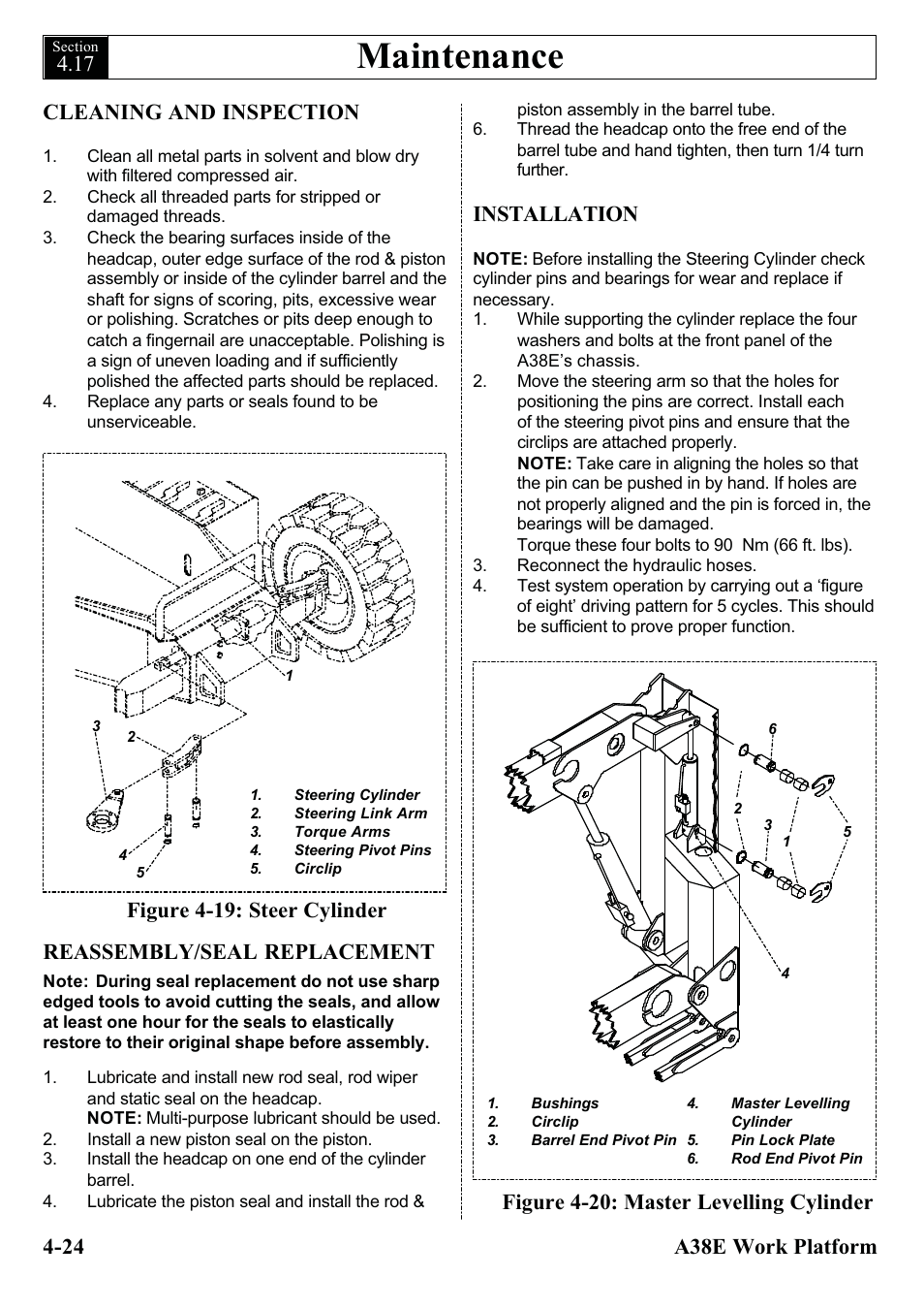 Maintenance, Reassembly/seal replacement, Figure 4-19: steer cylinder | Installation, Figure 4-20: master levelling cylinder | Snorkel A38E-sn004500+ User Manual | Page 54 / 132