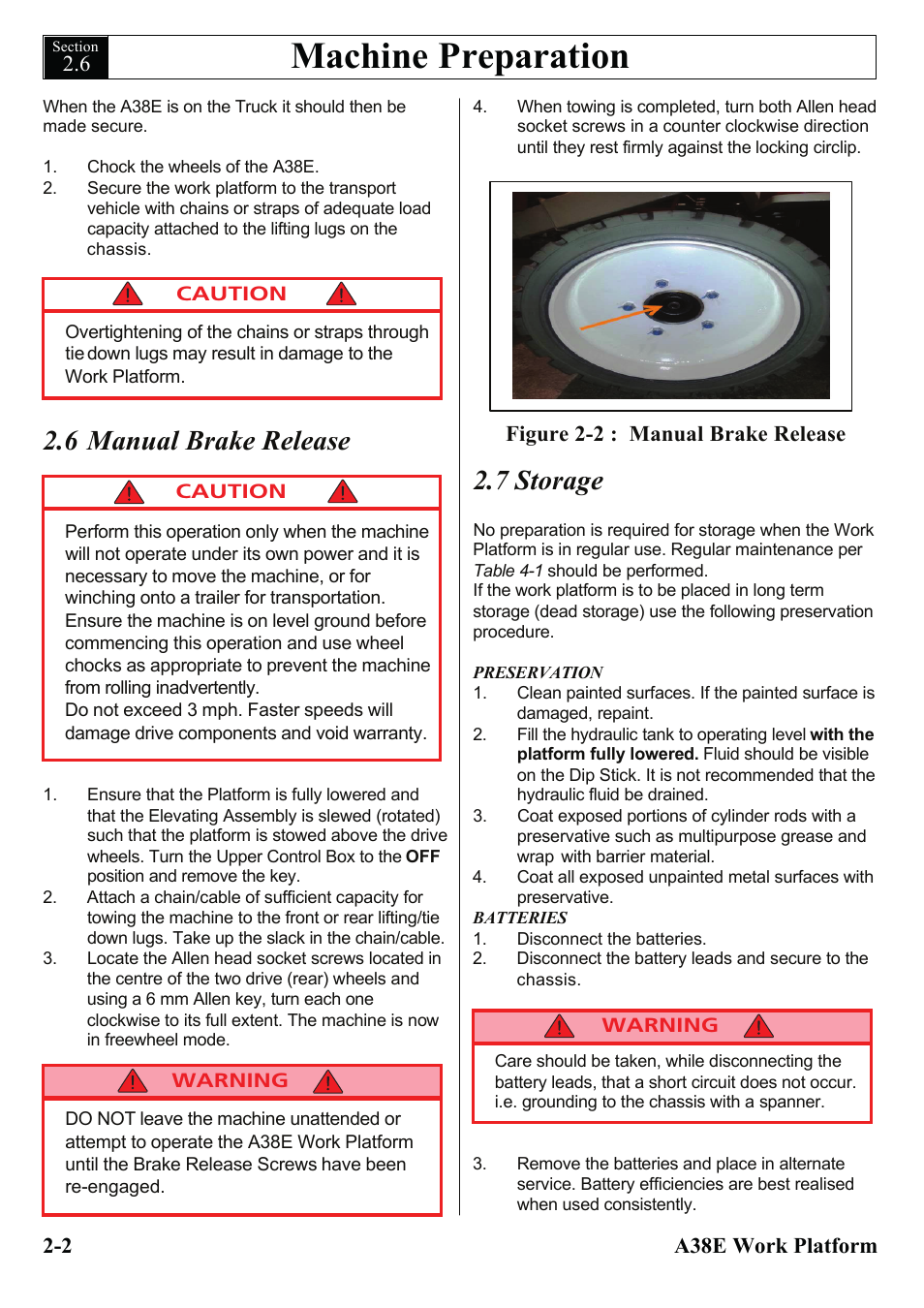 Machine preparation, 7 storage, 6 manual brake release | Snorkel A38E-sn006001+ User Manual | Page 18 / 136