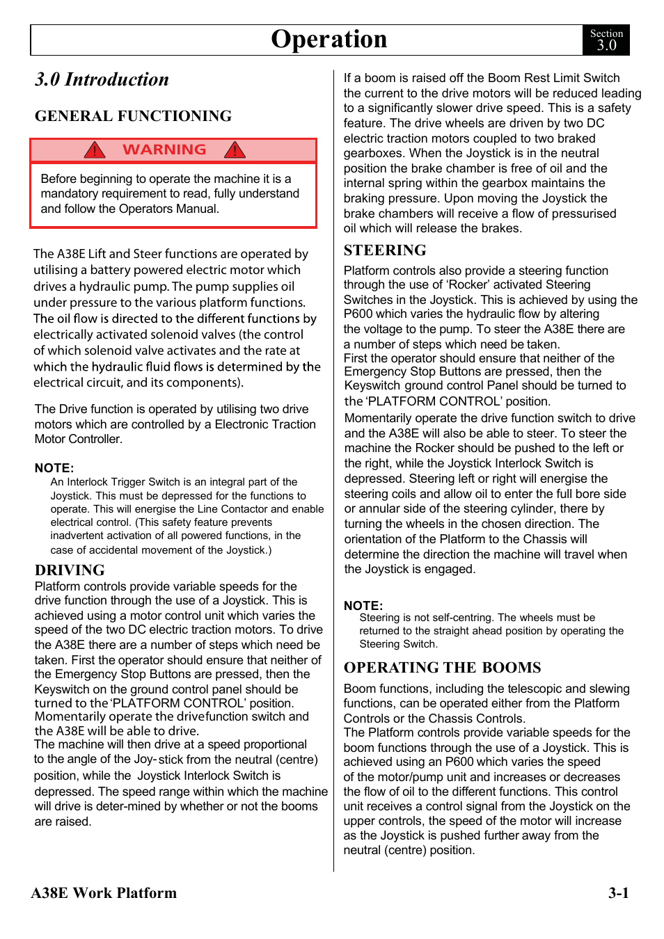 Operation, 0 introduction, General functioning | Driving, Steering, Operating the booms | Snorkel A38E-sn006001+ User Manual | Page 21 / 136