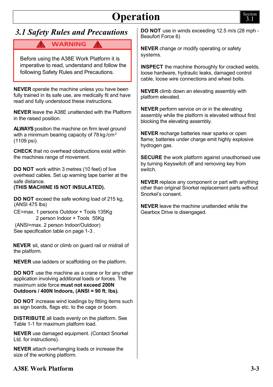 Operation, 1 safety rules and precautions | Snorkel A38E-sn006001+ User Manual | Page 23 / 136
