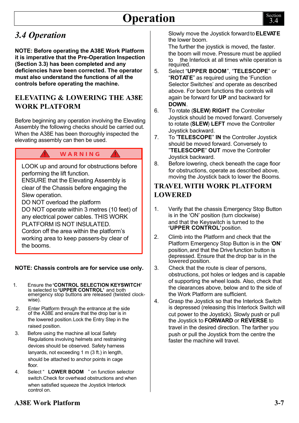 Operation, 4 operation, Elevating & lowering the a38e work platform | Travel with work platform lowered | Snorkel A38E-sn006001+ User Manual | Page 27 / 136