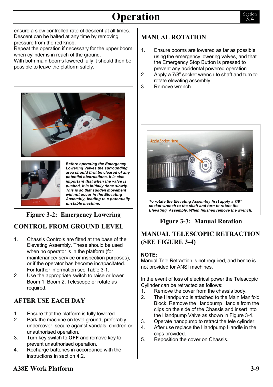 Operation, Control from ground level, After use each day | Figure 3-3: manual rotation, Manual rotation, Manual telescopic retraction (see figure 3-4) | Snorkel A38E-sn006001+ User Manual | Page 29 / 136