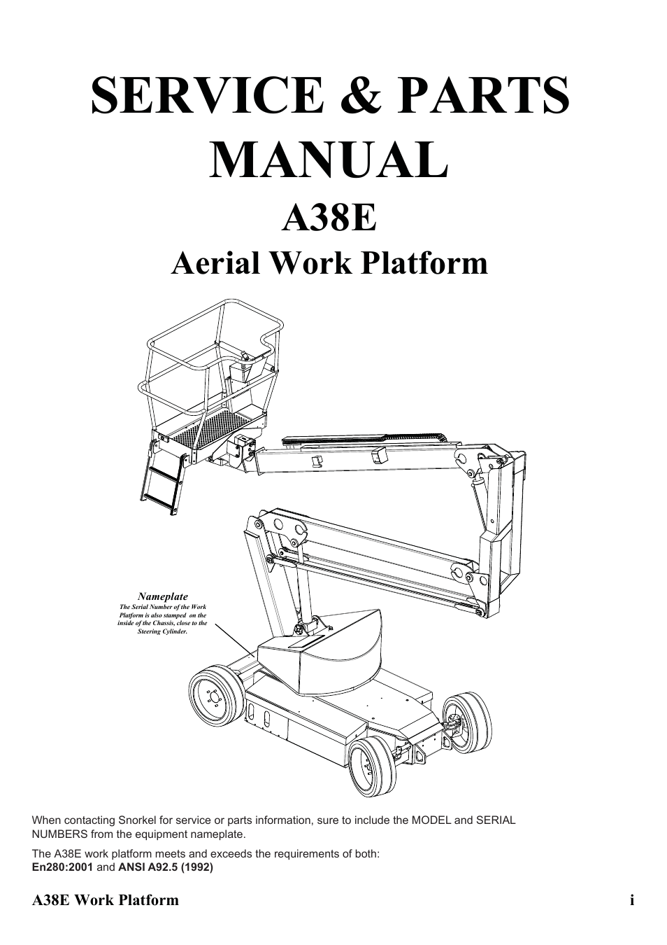 Service & parts manual, A38e, Aerial work platform | Snorkel A38E-sn006001+ User Manual | Page 3 / 136