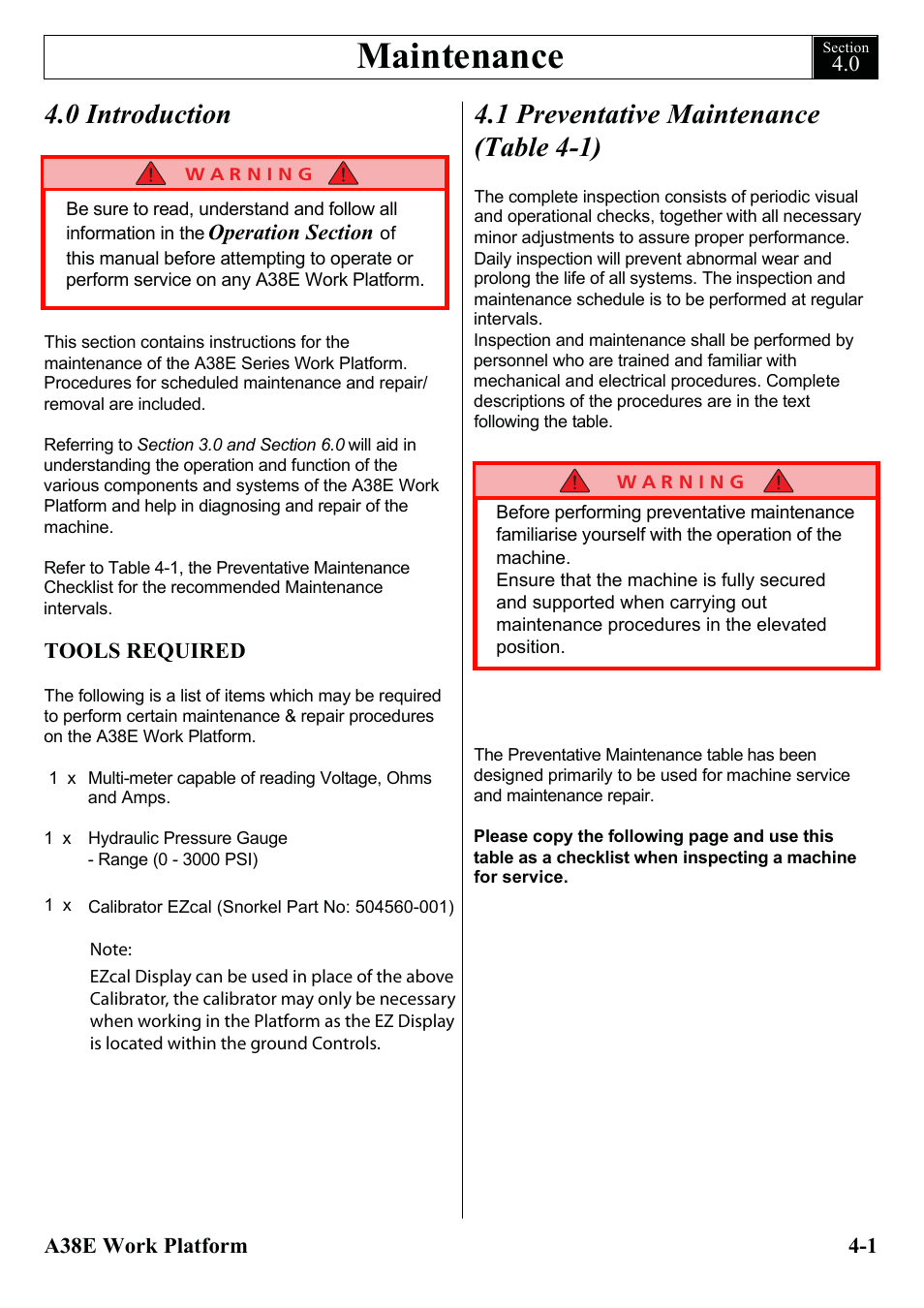 Maintenance, 0 introduction, 1 preventative maintenance (table 4-1) | Snorkel A38E-sn006001+ User Manual | Page 33 / 136