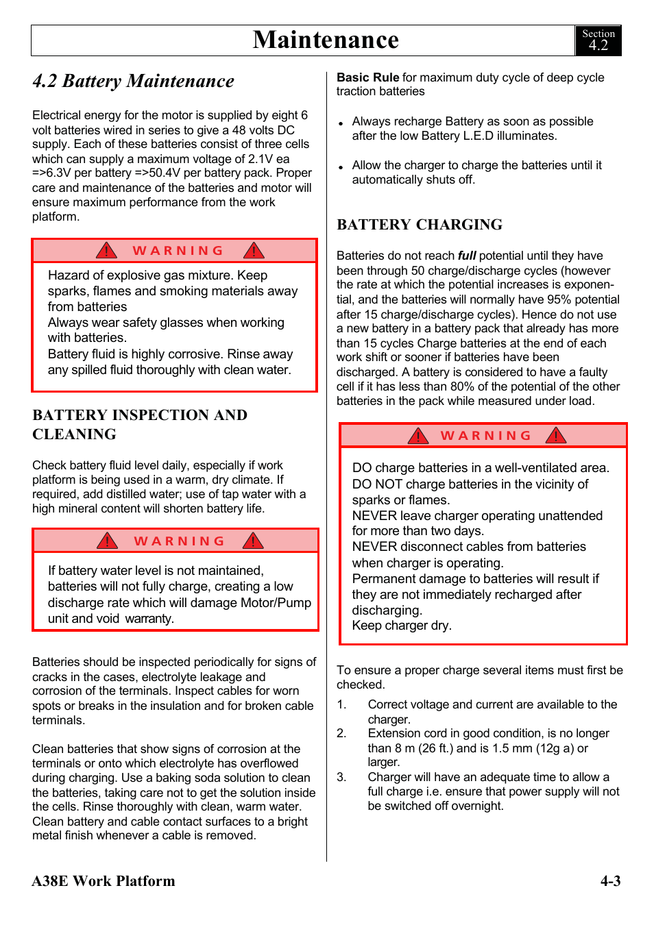 Maintenance, 2 battery maintenance | Snorkel A38E-sn006001+ User Manual | Page 35 / 136