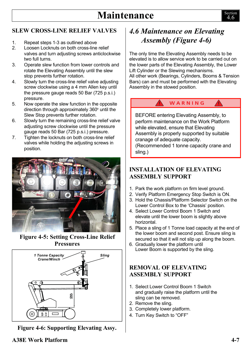 Maintenance, 6 maintenance on elevating assembly (figure 4-6) | Snorkel A38E-sn006001+ User Manual | Page 39 / 136