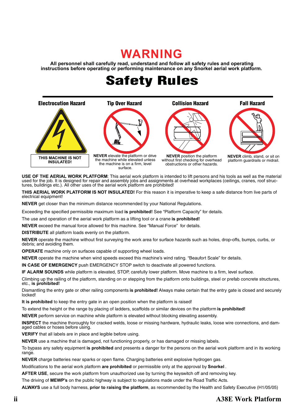 Warning, Safety rules, Ii a38e work platform | Snorkel A38E-sn006001+ User Manual | Page 4 / 136