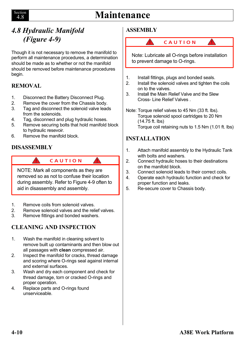 Maintenance, 8 hydraulic manifold (figure 4-9) | Snorkel A38E-sn006001+ User Manual | Page 42 / 136