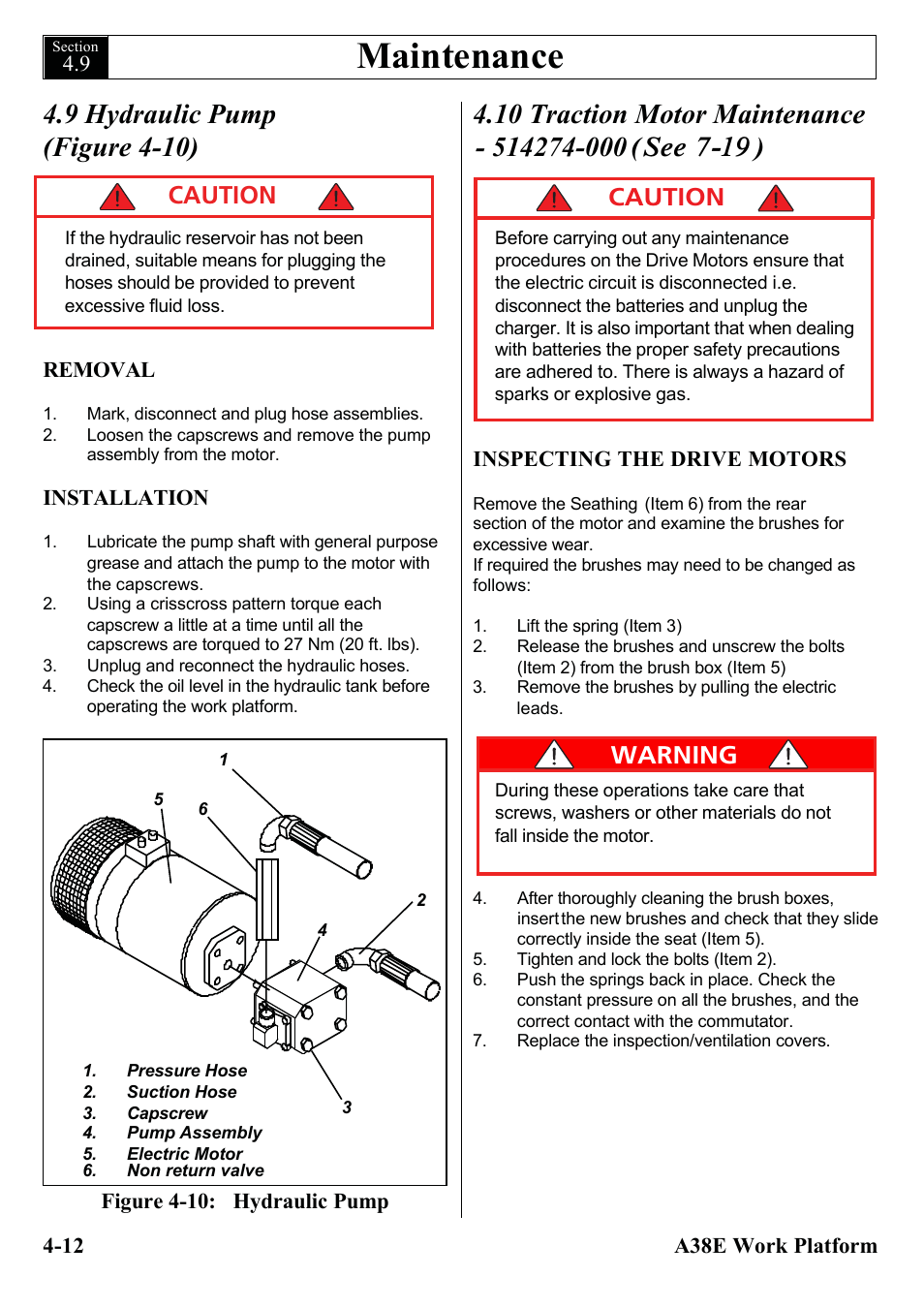 Maintenance, 9 hydraulic pump (figure 4-10), 10 traction motor maintenance ( ) | See 7-19, Caution, Caution warning | Snorkel A38E-sn006001+ User Manual | Page 44 / 136