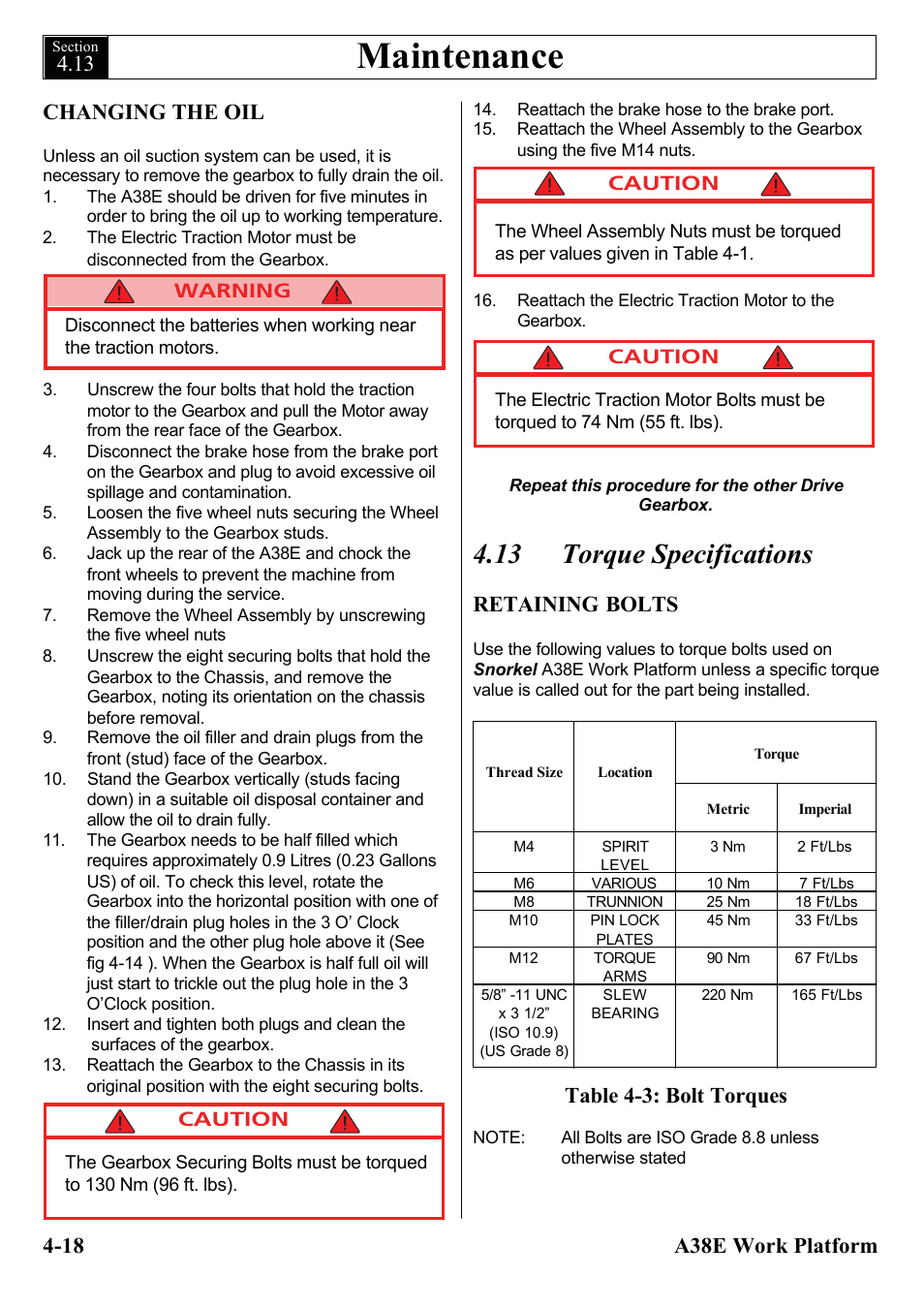 Maintenance, 13 torque specifications, 18 a38e work platform changing the oil | Retaining bolts, Table 4-3: bolt torques | Snorkel A38E-sn006001+ User Manual | Page 50 / 136