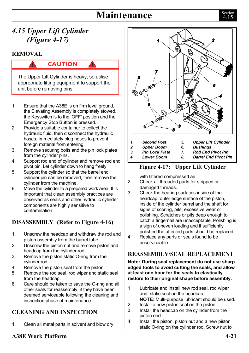 Maintenance, Removal, Disassembly (refer to figure 4-16) | Cleaning and inspection, Reassembly/seal replacement | Snorkel A38E-sn006001+ User Manual | Page 53 / 136