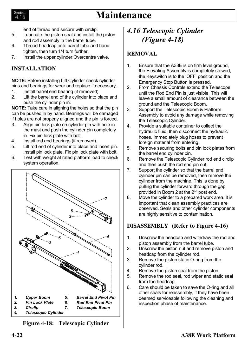 Maintenance, 22 a38e work platform, Removal | Disassembly (refer to figure 4-16), Installation | Snorkel A38E-sn006001+ User Manual | Page 54 / 136