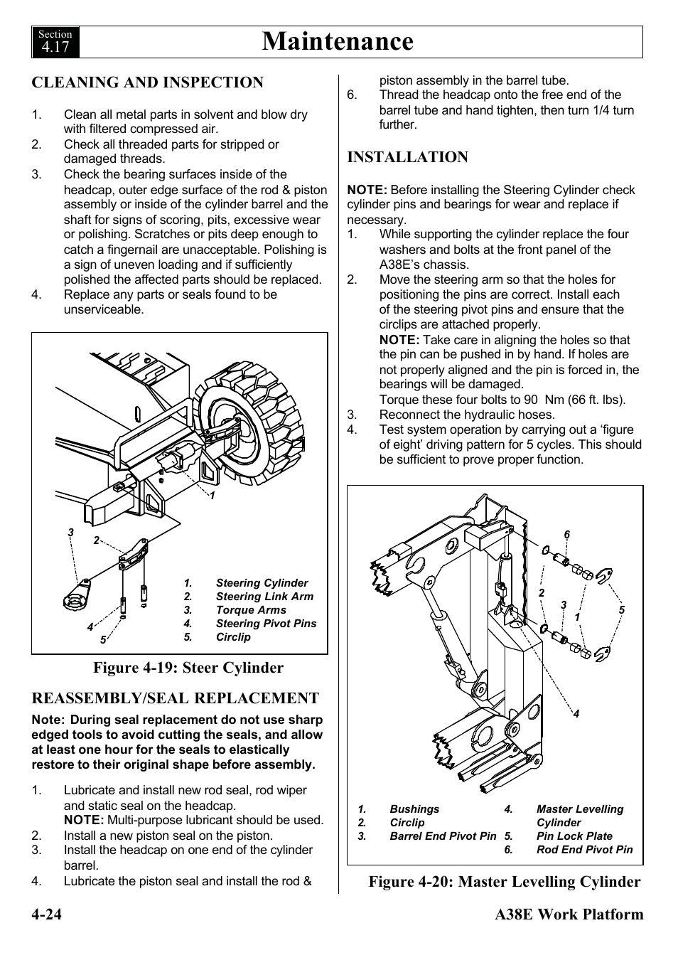 Maintenance, Reassembly/seal replacement, Figure 4-19: steer cylinder | Installation, Figure 4-20: master levelling cylinder | Snorkel A38E-sn006001+ User Manual | Page 56 / 136