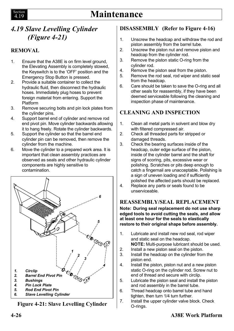 Maintenance, 26 a38e work platform, Removal | Cleaning and inspection, Reassembly/seal replacement | Snorkel A38E-sn006001+ User Manual | Page 58 / 136