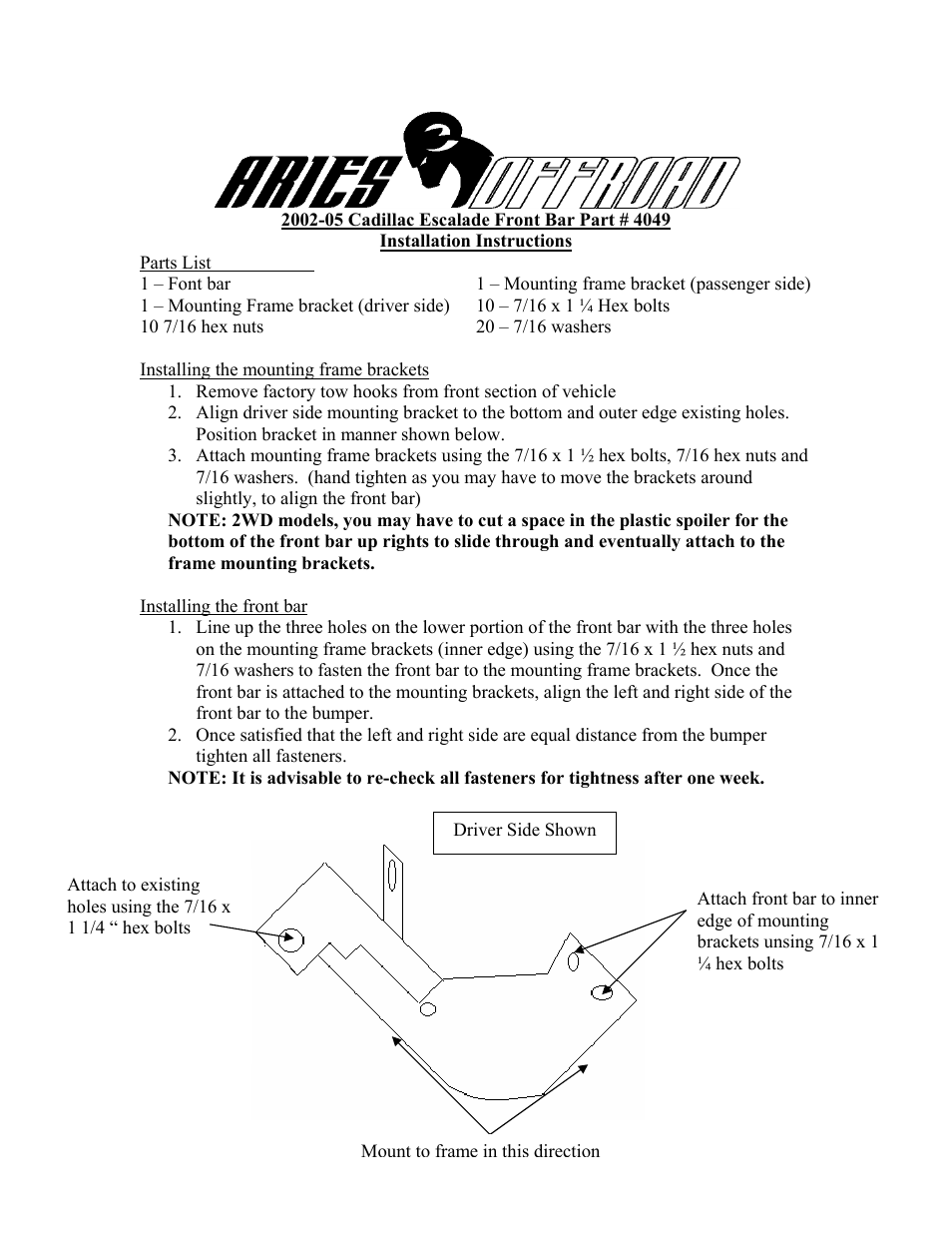 Aries Automotive 4049 User Manual | 1 page