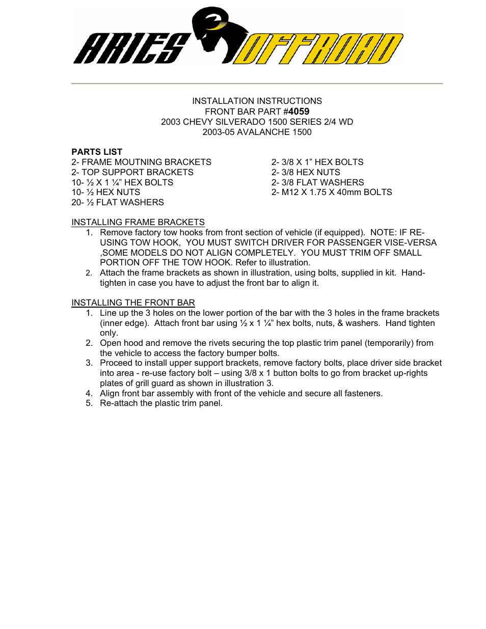 Aries Automotive 4059 User Manual | 2 pages