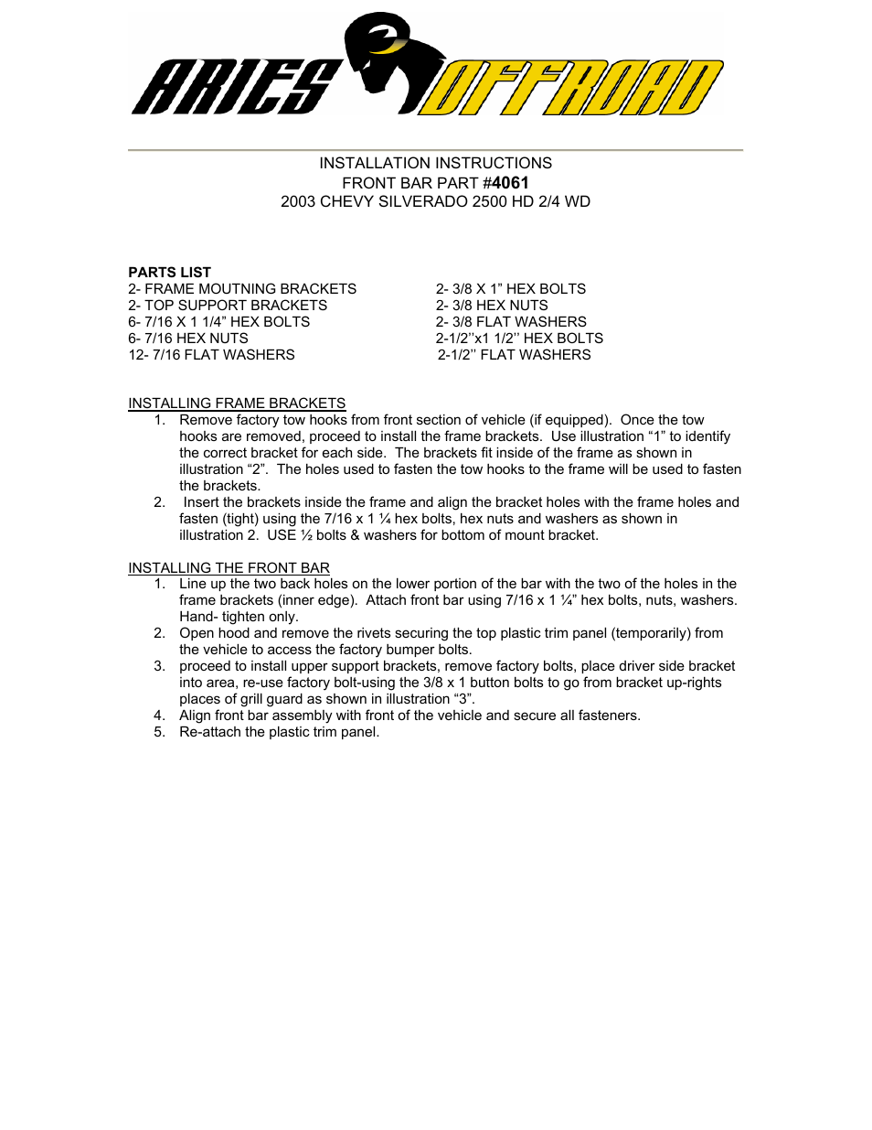 Aries Automotive 4061 User Manual | 2 pages