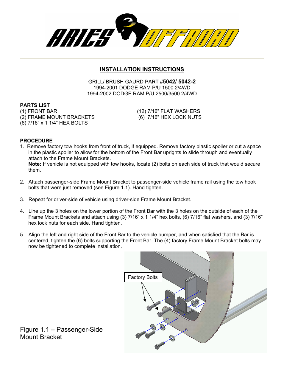 Aries Automotive 5042-2 User Manual | 1 page