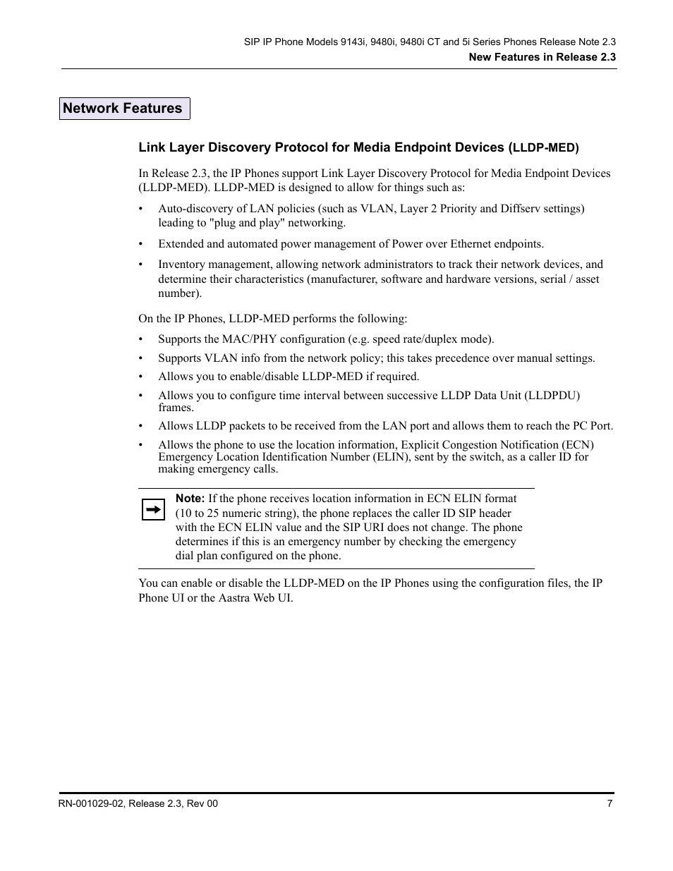 Network features, Link layer discovery protocol for media endpoint, Devices (lldp-med) | Aastra Telecom CT9143i User Manual | Page 11 / 72