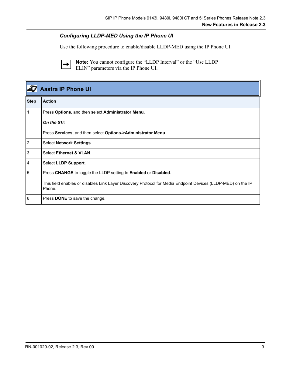 Configuring lldp-med using the ip phone ui | Aastra Telecom CT9143i User Manual | Page 13 / 72