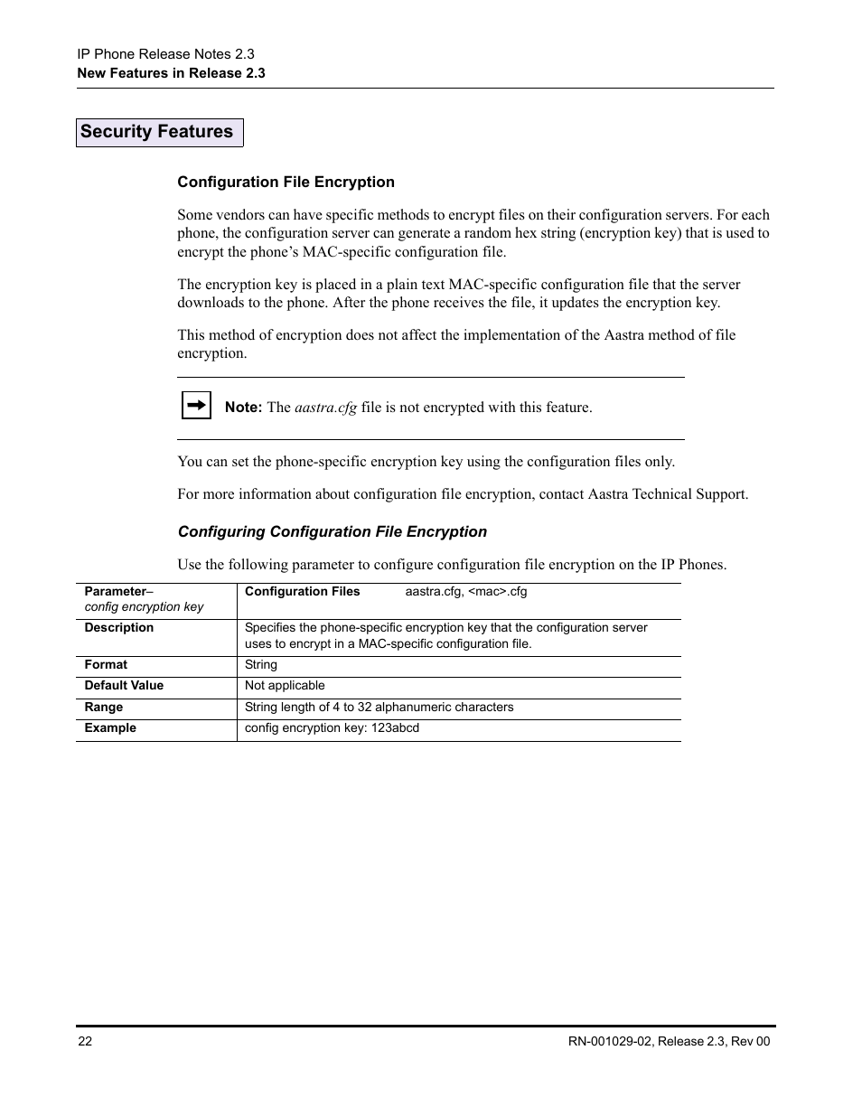 Security features, Configuration file encryption, Configuring configuration file encryption | Aastra Telecom CT9143i User Manual | Page 26 / 72