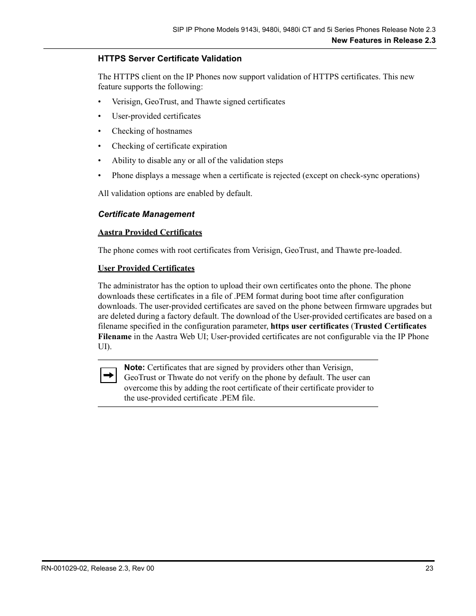 Https server certificate validation, Certificate management | Aastra Telecom CT9143i User Manual | Page 27 / 72