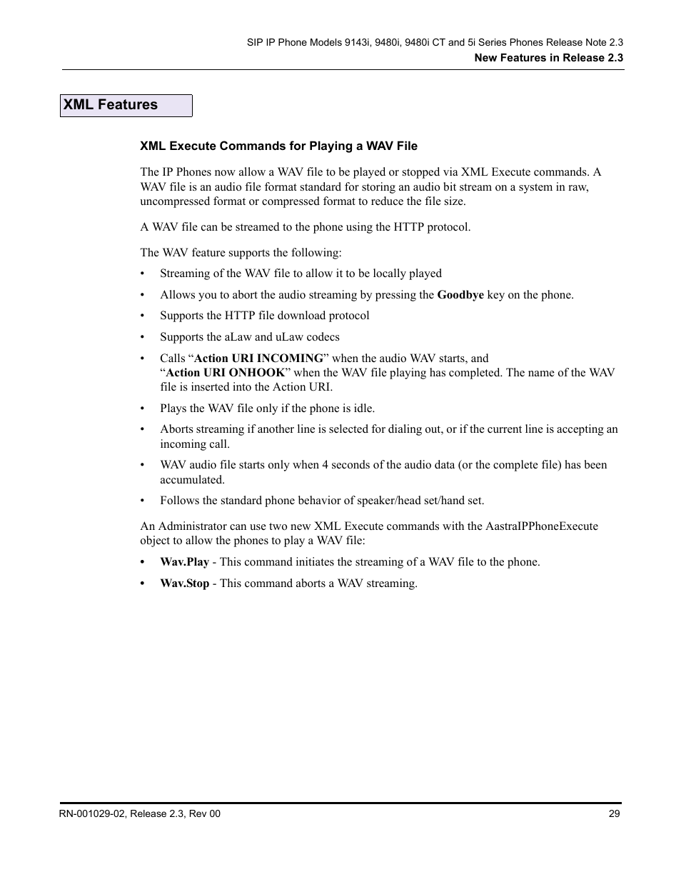 Xml features, Xml execute commands for playing a wav file | Aastra Telecom CT9143i User Manual | Page 33 / 72