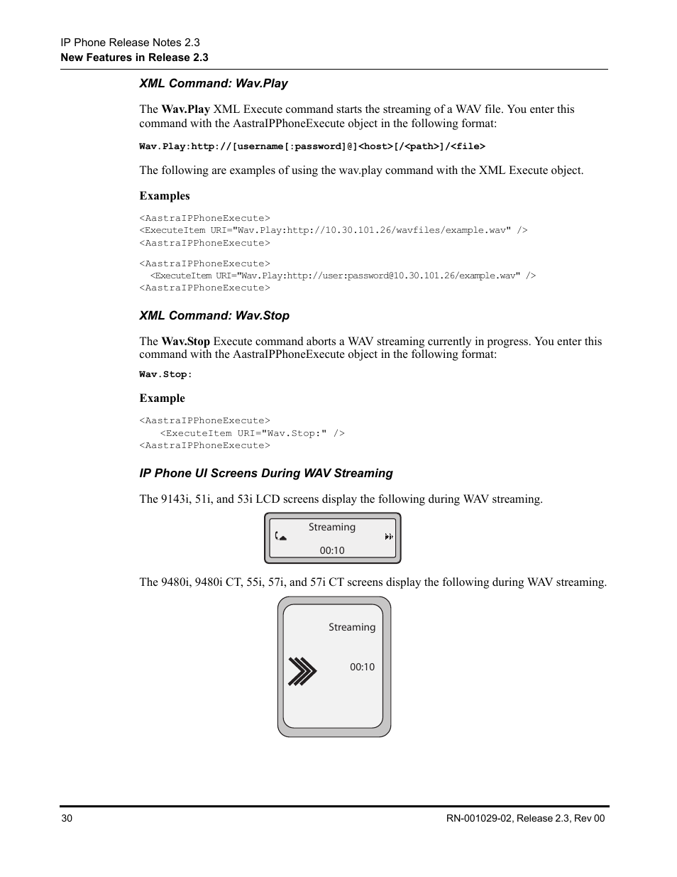 Xml command: wav.play, Xml command: wav.stop, Ip phone ui screens during wav streaming | Aastra Telecom CT9143i User Manual | Page 34 / 72