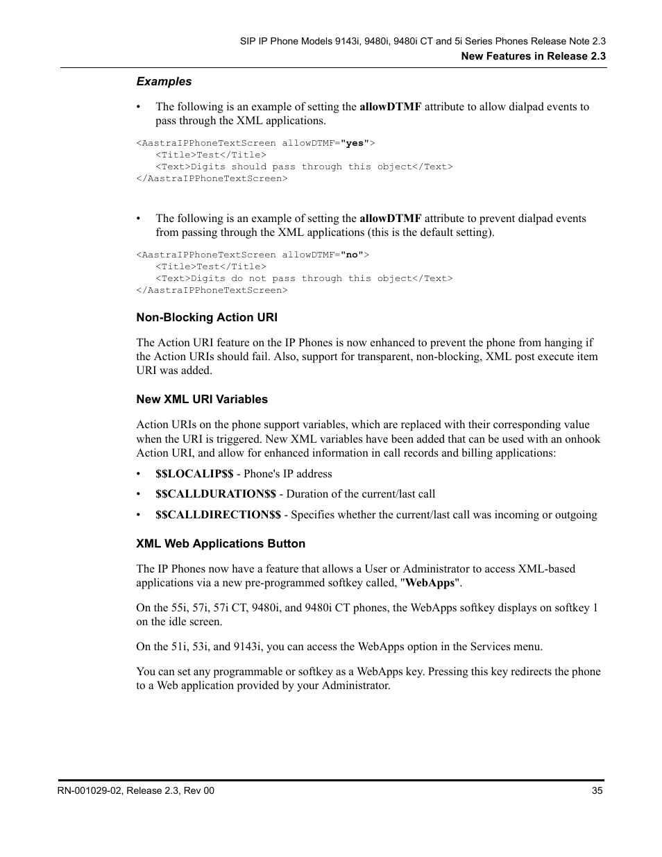 Examples, Non-blocking action uri, New xml uri variables | Xml web applications button | Aastra Telecom CT9143i User Manual | Page 39 / 72