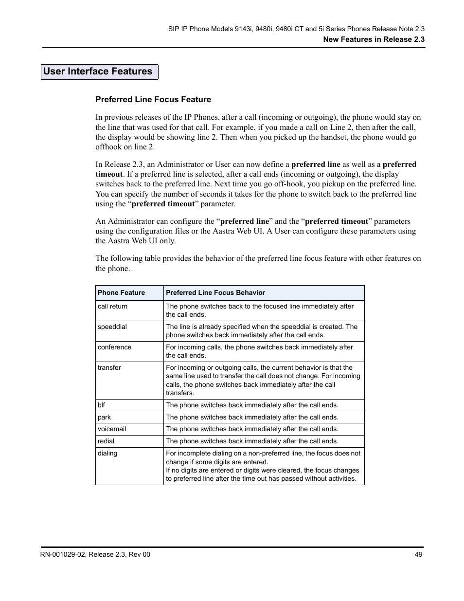 User interface features, Preferred line focus feature | Aastra Telecom CT9143i User Manual | Page 53 / 72