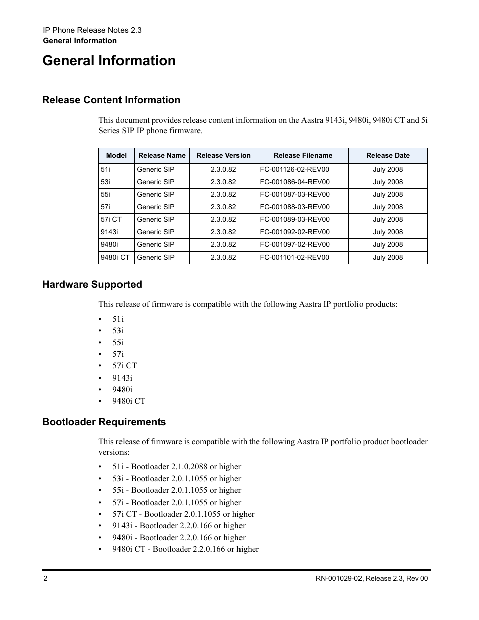 General information, Release content information, Hardware supported | Bootloader requirements | Aastra Telecom CT9143i User Manual | Page 6 / 72