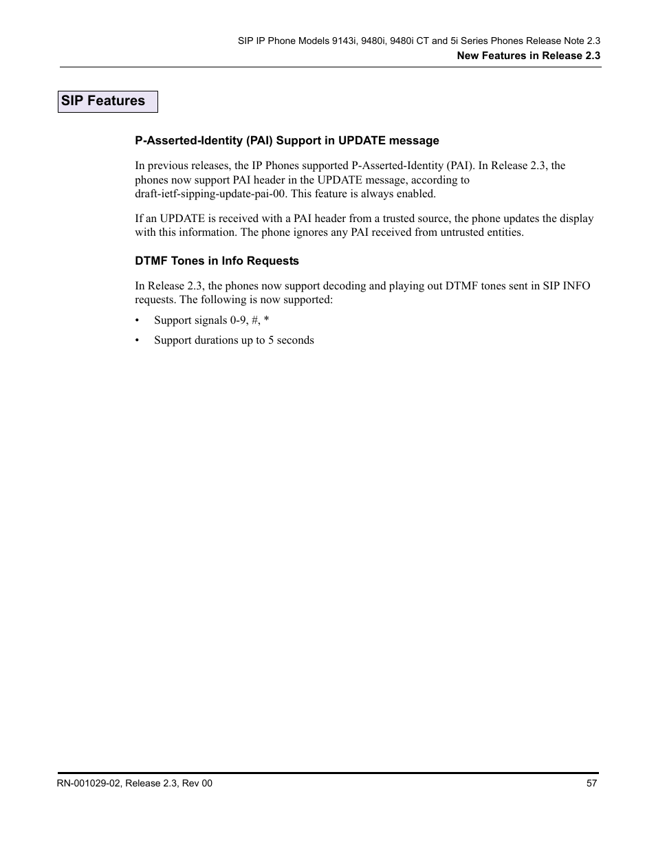 Sip features, Dtmf tones in info requests | Aastra Telecom CT9143i User Manual | Page 61 / 72