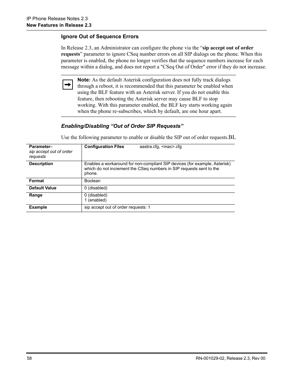 Ignore out of sequence errors, Enabling/disabling “out of order sip requests | Aastra Telecom CT9143i User Manual | Page 62 / 72
