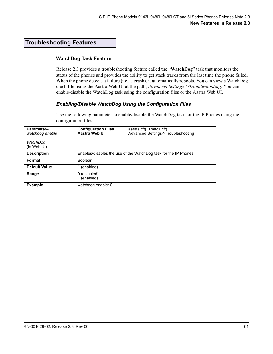 Troubleshooting features, Watchdog task feature | Aastra Telecom CT9143i User Manual | Page 65 / 72