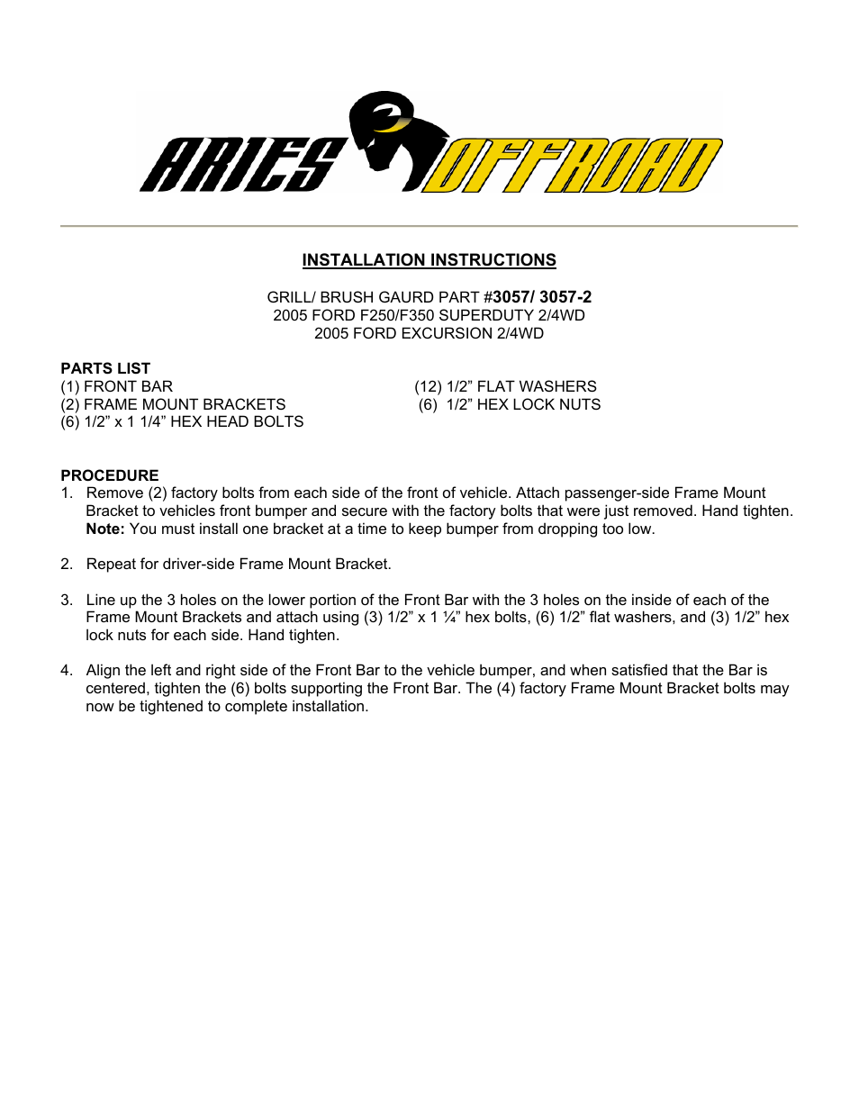 Aries Automotive 3057-2 User Manual | 2 pages