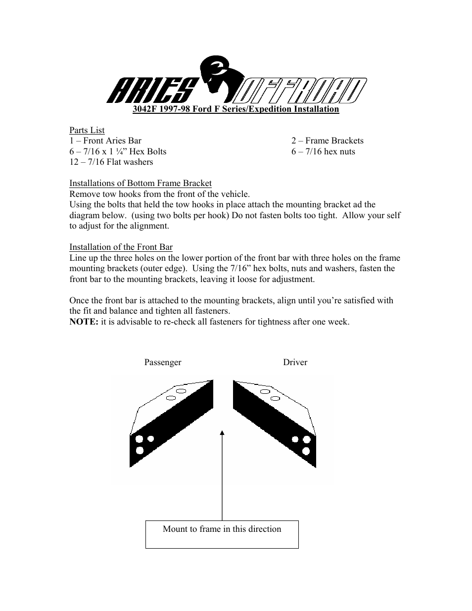 Aries Automotive 3042F User Manual | 1 page