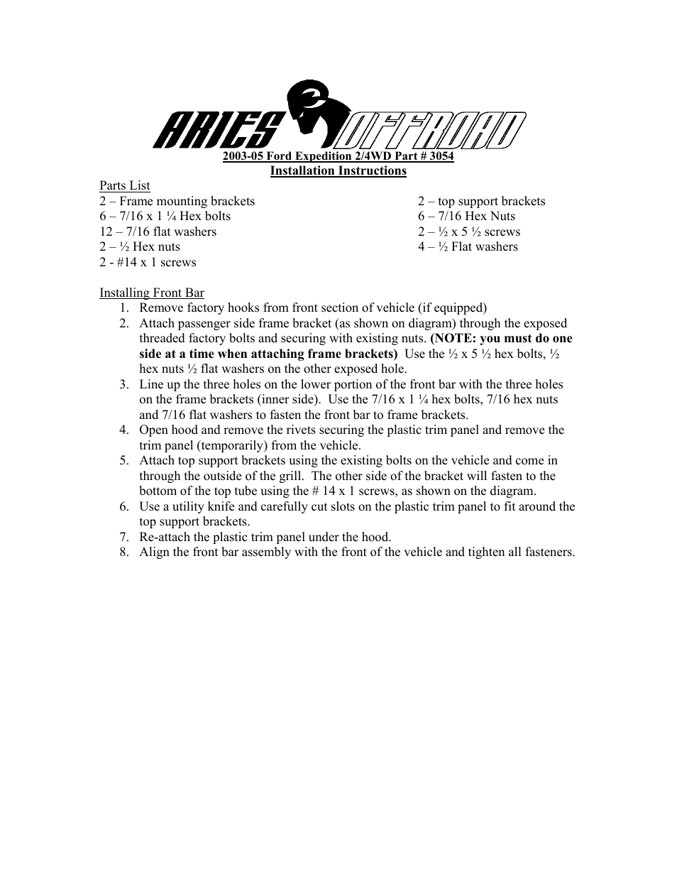 Aries Automotive 2003-05 User Manual | 2 pages