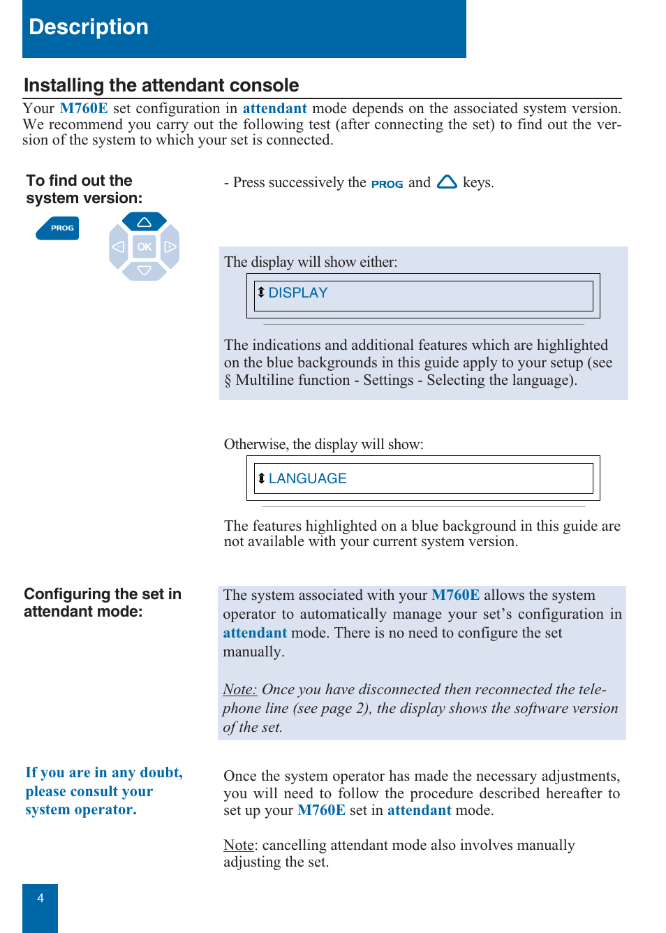 Description, Installing the attendant console | Aastra Telecom M760E User Manual | Page 10 / 60