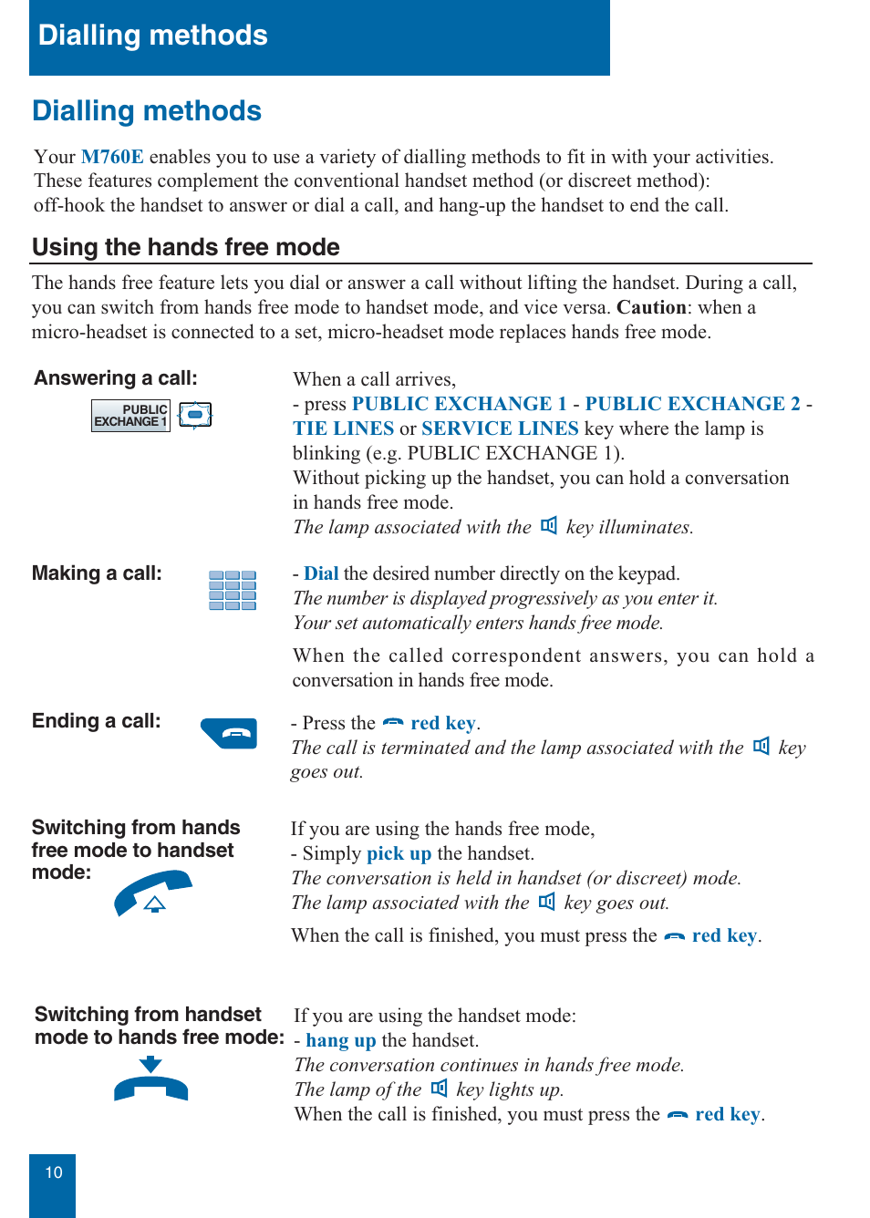 Dialling methods, Using the hands free mode | Aastra Telecom M760E User Manual | Page 16 / 60