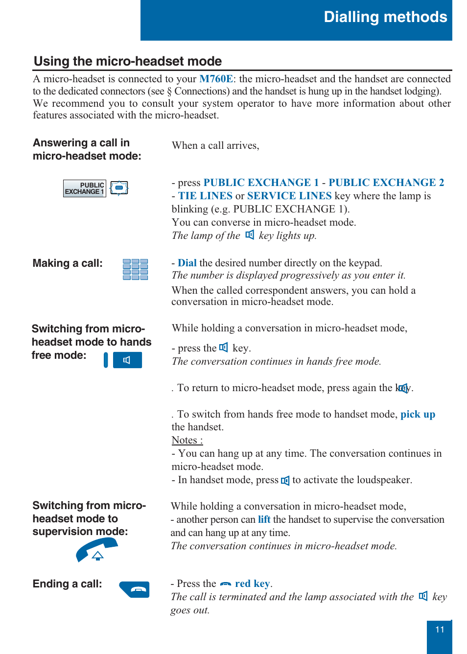Dialling methods, Using the micro-headset mode | Aastra Telecom M760E User Manual | Page 17 / 60