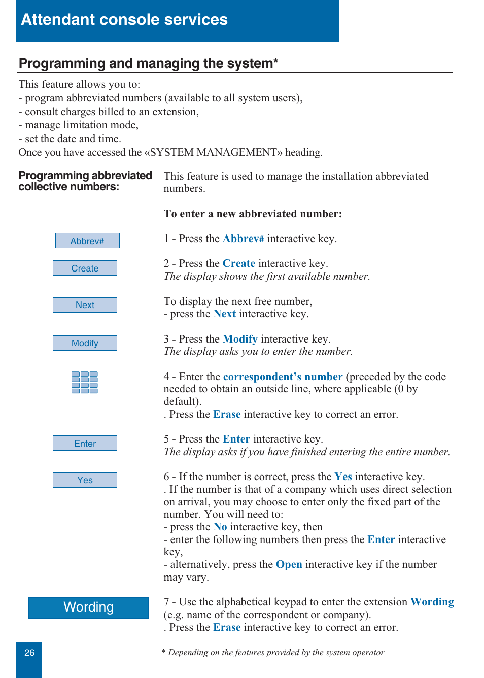 Attendant console services, Programming and managing the system, Wording | Aastra Telecom M760E User Manual | Page 32 / 60